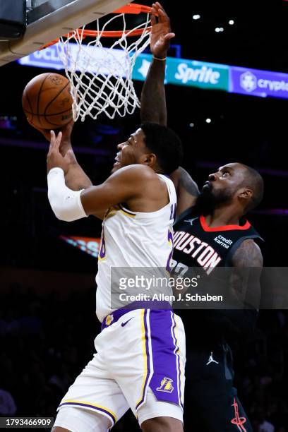 Los Angeles Lakers forward Rui Hachimura goes up for a shot against Houston Rockets forward Jeff Green during the second half at Crypto.com Arena on...