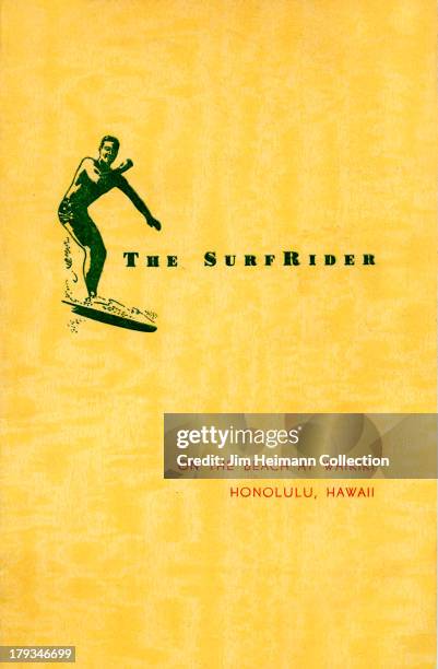 Menu for The Surf Rider reads "The Surf Rider On The Beach At Waikiki Honolulu, Hawaii" from 1944 in USA.