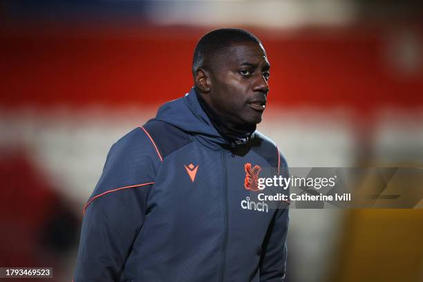 Darren Powell, manager of Crystal Palace U21, looks on prior to the Bristol Street Motors Trophy match between Stevenage and Crystal Palace U21 at...