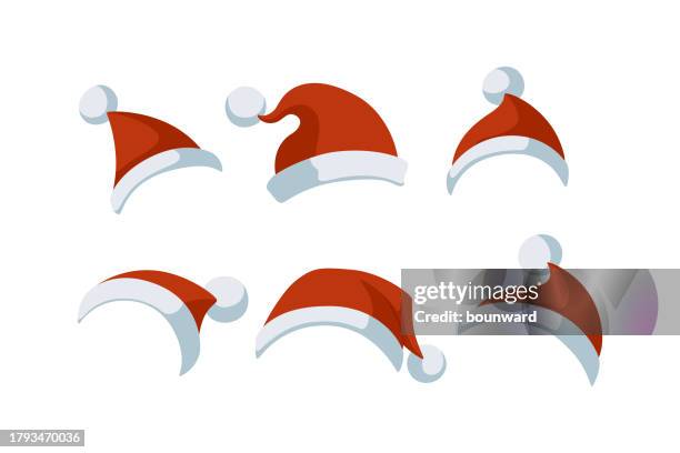 ilustraciones, imágenes clip art, dibujos animados e iconos de stock de sombreros de papá noel. ilustración vectorial aislada. - gorro-papa-noel