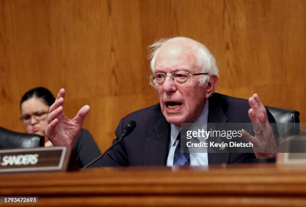Chairman U.S. Sen. Bernie Sanders presides over a Senate Health, Education, Labor and Pensions Committee hearing on unions on November 14, 2023 in...