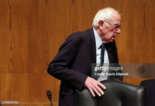 Chairman U.S. Sen. Bernie Sanders arrives for a Senate Health, Education, Labor and Pensions Committee hearing on unions on November 14, 2023 in...