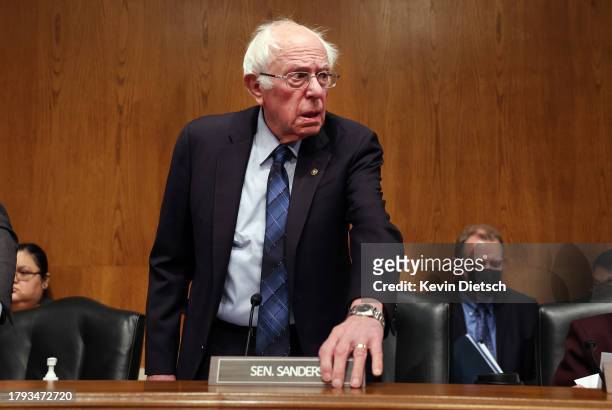 Chairman U.S. Sen. Bernie Sanders arrives for a Senate Health, Education, Labor and Pensions Committee hearing on unions on November 14, 2023 in...
