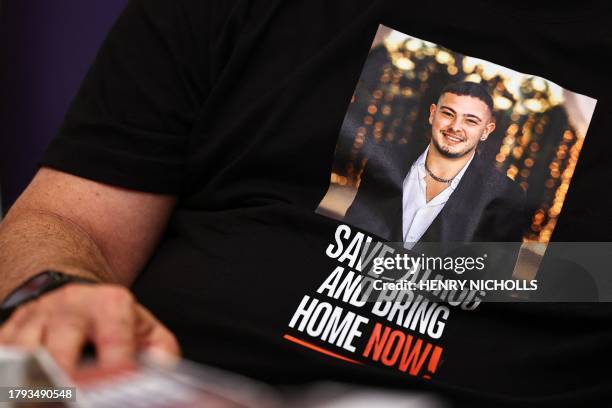 Aviram Meir wearing a t-shirt with a picture of his nephew Almog attends a press conference by families of hostages held by Palestinian militant...