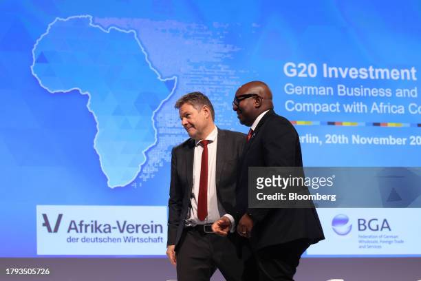 Robert Habeck, Germany's economy and climate minister, and Jean-Michel Sama Lukonde, Democratic Republic of Congo's prime minister, at the Group of...