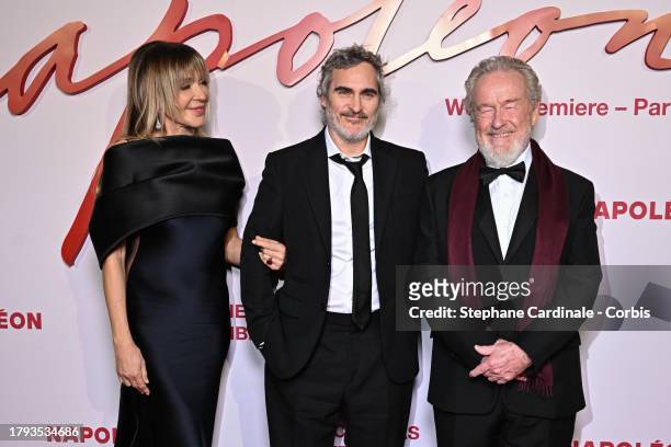 Giannina Facio , actor Joaquin Phoenix and Director Ridley Scott attend the "Napoleon" World Premiere at Salle Pleyel on November 14, 2023 in Paris,...