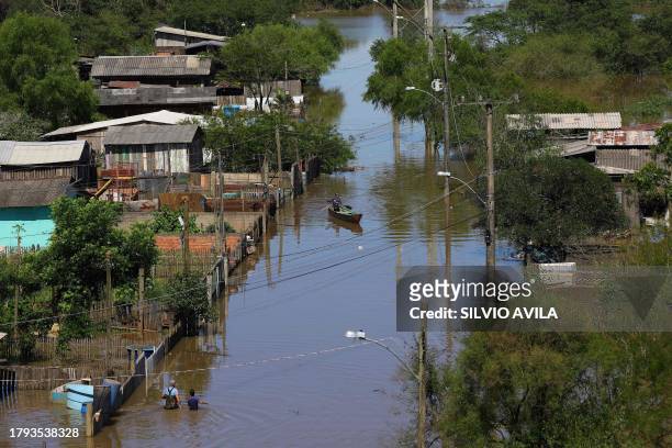 View of a flooded neighborhood in Canoas, Rio Grande do Sul state, Brazil on November 20, 2023. Flooding and landslides triggered by heavy rains in...