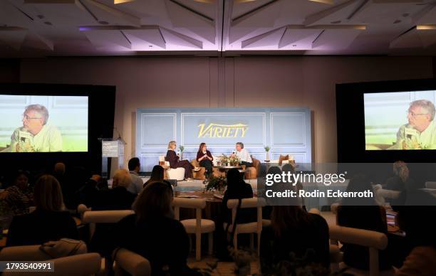 Claudia Eller, Editor-in-Chief, Variety, Denise Di Novi and Xavier Roy speak onstage for "The Making of The Veil" during Variety US "Filmmaking In...