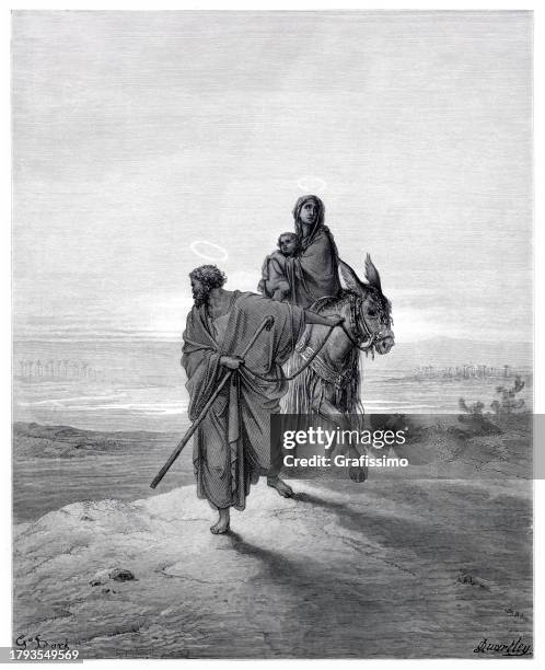 moses auf der flucht aus ägypten mit frau und kindern durch die wüste - moses religiöse figur stock-grafiken, -clipart, -cartoons und -symbole