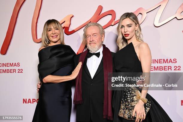 Giannina Facio, Director Ridley Scott and Vanessa Kirby attend the "Napoleon" World Premiere at Salle Pleyel on November 14, 2023 in Paris, France.