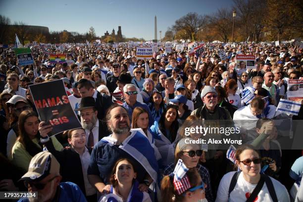 Thousands of people attend the March for Israel on the National Mall November 14, 2023 in Washington, DC. The large pro-Israel gathering comes as the...