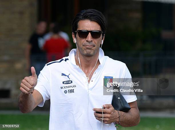 Gianluigi Buffon of Italy during a training session at Coverciano on September 2, 2013 in Florence, Italy.