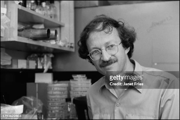 Portrait of American cancer biologist and professor Harold E Varmus in his lab at the University of California San Francisco, San Francisco,...