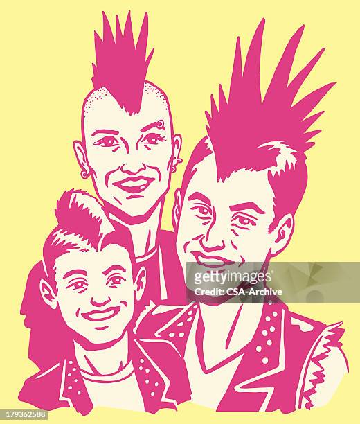 illustrazioni stock, clip art, cartoni animati e icone di tendenza di punk rock famiglia - hair vector