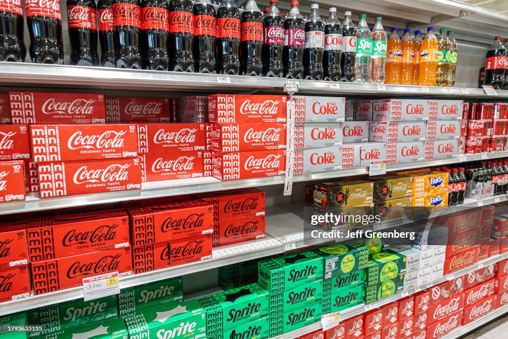 Miami Beach, Florida, Publix grocery store, Coca Cola, Sprite, soda bottles and 12 packs on shelf
