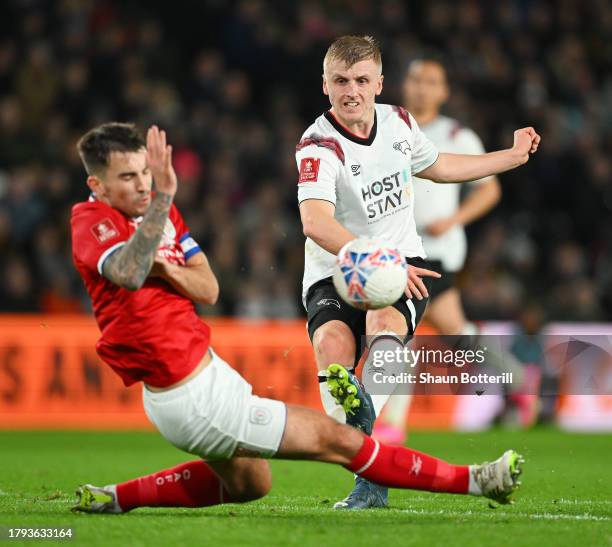 Louie Sibley of Derby County shoots during the Emirates FA Cup First Round Replay match between Derby County and Crewe Alexandra at Pride Park on...