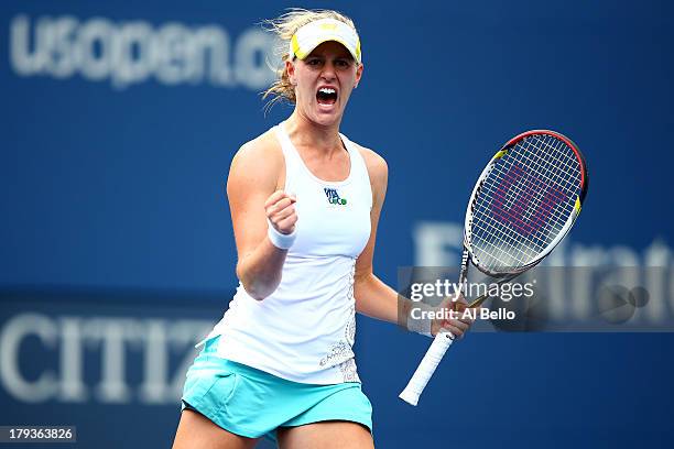 Alison Riske of the United States reacts during her women's singles fourth round match against Daniela Hantuchova of Slovakia on Day Eight of the...