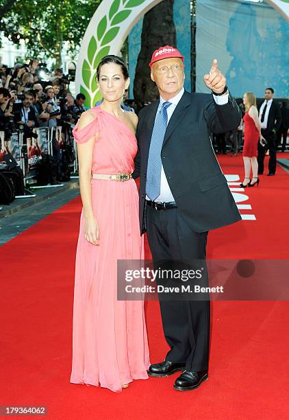 Niki Lauda and wife Birgit Lauda attend the World Premiere of 'Rush' at Odeon Leicester Square on September 2, 2013 in London, England.