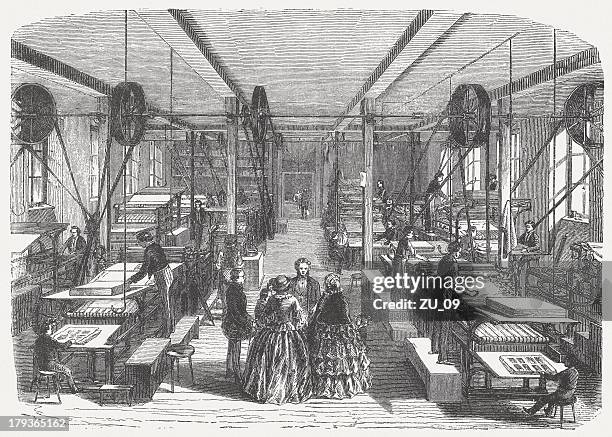 engine room (belt drive) of a publishing house, published 1876 - engine room stock illustrations