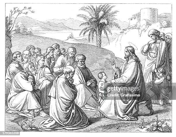 illustrazioni stock, clip art, cartoni animati e icone di tendenza di gesù cristo predicazione davanti a una folla di gerusalemme - libro di preghiera