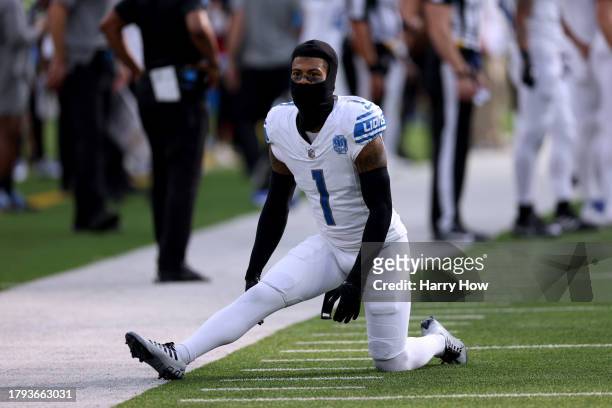 Cameron Sutton of the Detroit Lions stretches before the game against the Los Angeles Chargers at SoFi Stadium on November 12, 2023 in Inglewood,...