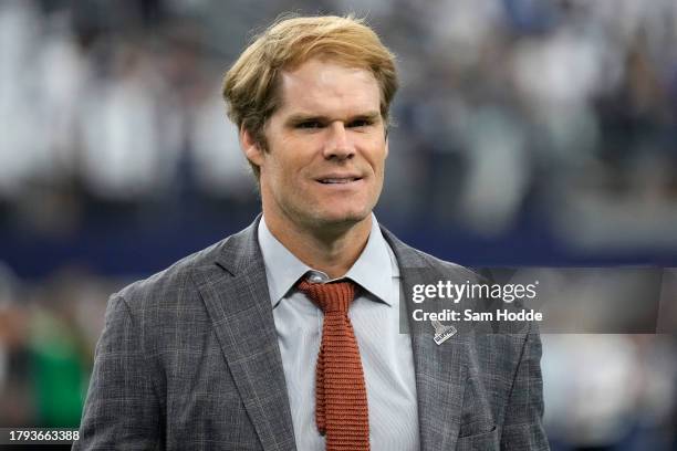 Broadcaster Greg Olsen walks the field before the game between the New York Giants and the Dallas Cowboys at AT&T Stadium on November 12, 2023 in...