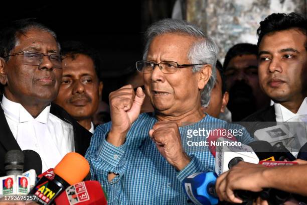 Nobel laureate Prof Muhammad Yunus speaks with journalist after a hearing at the labor court in Dhaka, Bangladesh, on November 20, 2023.