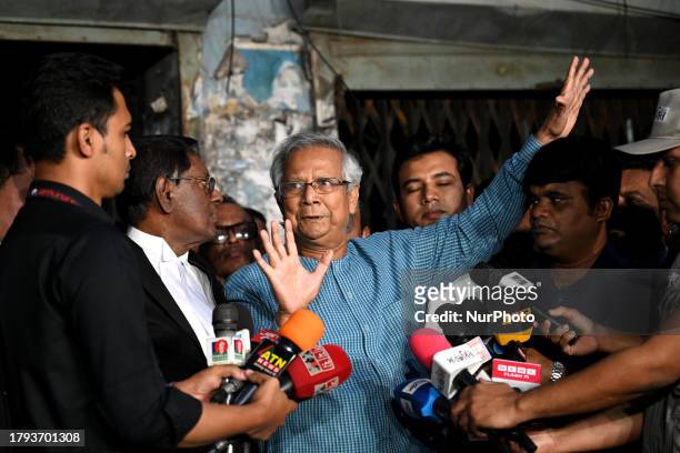 Nobel laureate Prof Muhammad Yunus speaks with journalist after a hearing at the labor court in Dhaka, Bangladesh, on November 20, 2023.