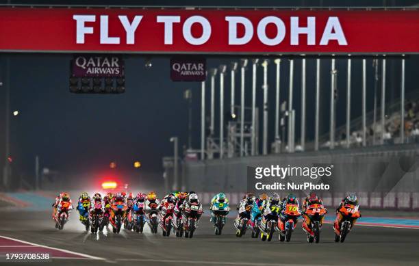 The Moto3 riders start from the grid during the Moto3 final race of the MotoGP Qatar Airways Grand Prix of Qatar 2023 at the Losail international...