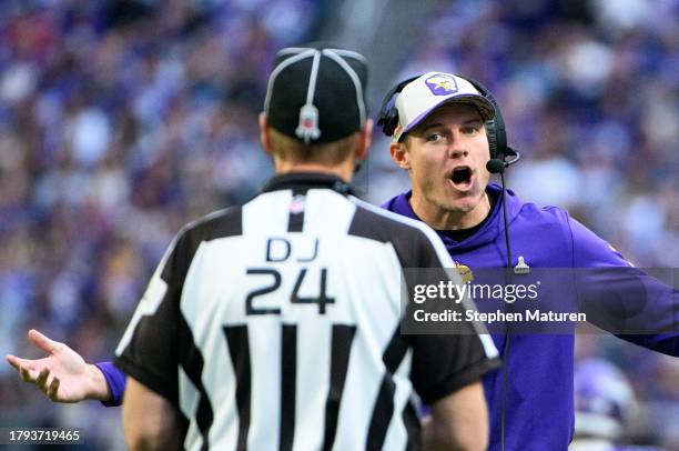 Head coach Kevin O'Connell of the Minnesota Vikings argues with referees after a play in the fourth quarter of the game against the New Orleans...