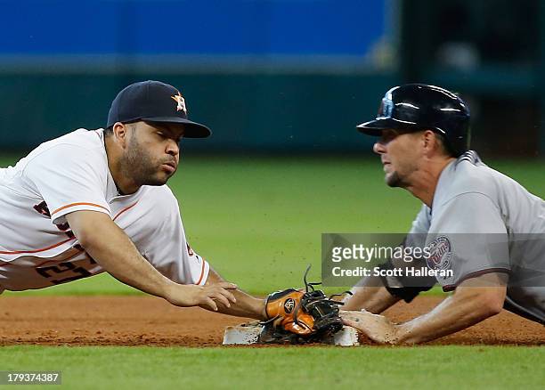 Jose Altuve of the Houston Astros cannot a play at second base in the fourth inning on Clete Thomas of the Minnesota Twins at Minute Maid Park on...