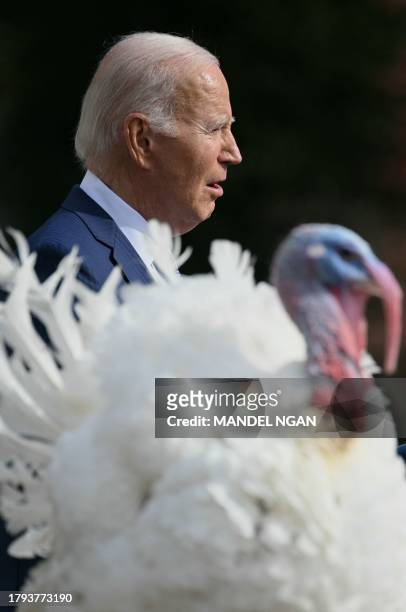 President Joe Biden speaks at the National Thanksgiving Turkey pardon on the 76th anniversary of the National Thanksgiving Turkey presentation on the...