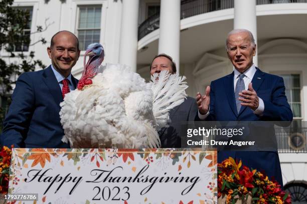President Joe Biden joined by, Jose Rojas , Vice-President at Jennie-O Turkey Store, and Steve Lykken , Chairman of the National Turkey Federation,...