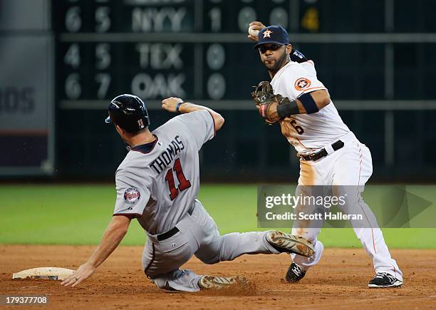 Jonathan Villar#6 of the Houston Astros makes a play at second base in the sixth inning on Clete Thomas of the Minnesota Twins at Minute Maid Park on...