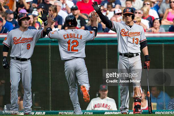 Nate McLouth Alexi Casilla and Manny Machado of the Baltimore Orioles celebrate after Casilla scored during the second inning and at Progressive...