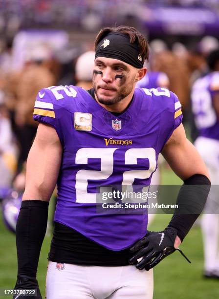 Harrison Smith of the Minnesota Vikings looks on in the third quarter of the game against the New Orleans Saints at U.S. Bank Stadium on November 12,...