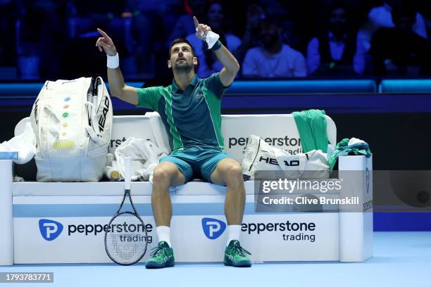 Novak Djokovic of Serbia gestures during a change over against Jannik Sinner of Italy during the Men's Singles Round Robin match on day three of the...