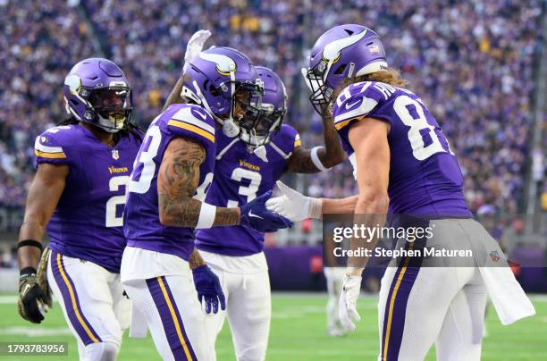 Hockenson of the Minnesota Vikings celebrates after scoring a touchdown in the second quarter of the game against the New Orleans Saints at U.S. Bank...