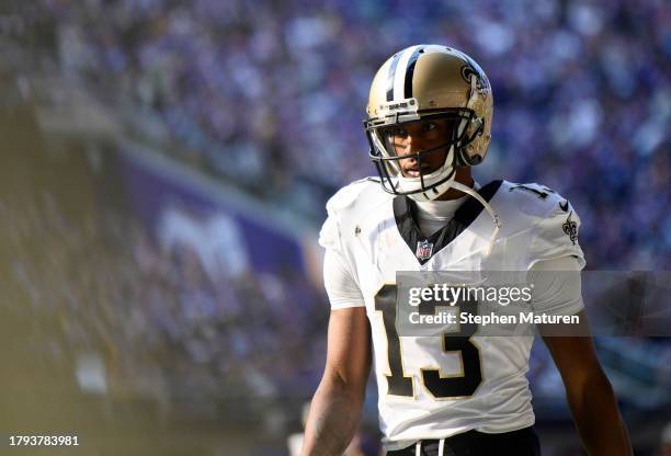 Michael Thomas of the New Orleans Saints warms up before the game against the Minnesota Vikings at U.S. Bank Stadium on November 12, 2023 in...