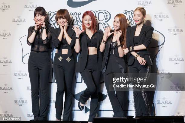 Kang Ji-Young , Nicole, Gyuri, Seungyeon and Hara of South Korean girl group Kara attend during Kara's 4th album "Full Bloom" showcase at the...