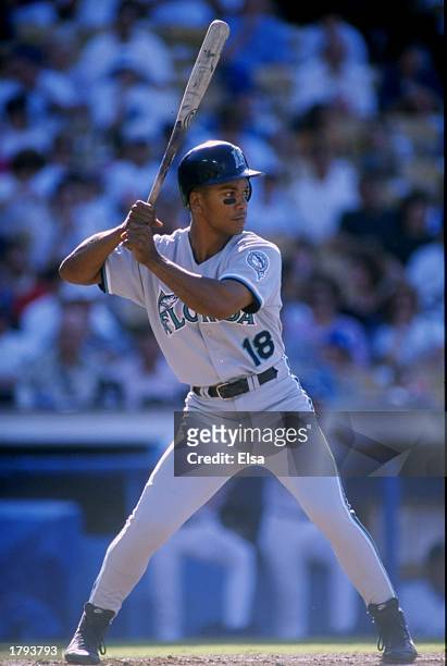 Moises Alou of the Florida Marlins during the Marlins 9-5 loss to the Los Angeles Dodgers at Dodger Stadium in Los Angeles, California.