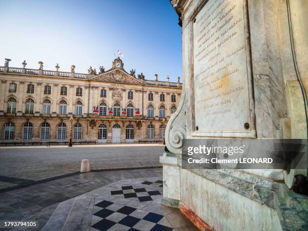 wide angle view of the nancy city hall with the pedestal of the stanislas statue in the foreground, place stanislas (stanislaw square), nancy, meurthe et moselle, lorraine, eastern france. - stanislas stock pictures, royalty-free photos & images