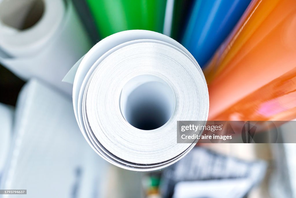 Top view of vinyl films of different colors in a printing house.