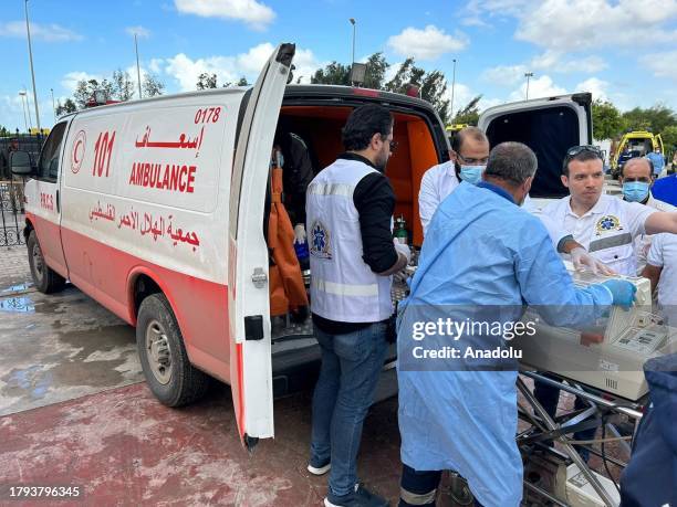 Health care officials receive 28 of the 31 premature babies, transferred from Shifa Hospital to the south of Gaza to receive treatment following...