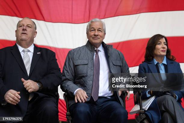 Gary LaBarbera, president of the Building and Construction Trades Council of Greater New York,, from left, Jamie Dimon, chief executive officer of...