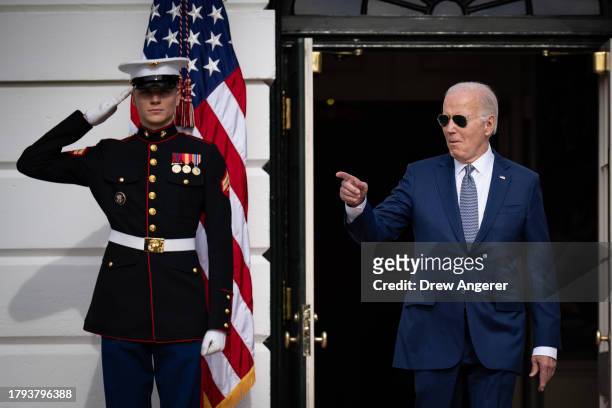 President Joe Biden arrives to pardon the National Thanksgiving turkeys, Liberty and Bell during a ceremony on the South Lawn of the White House on...
