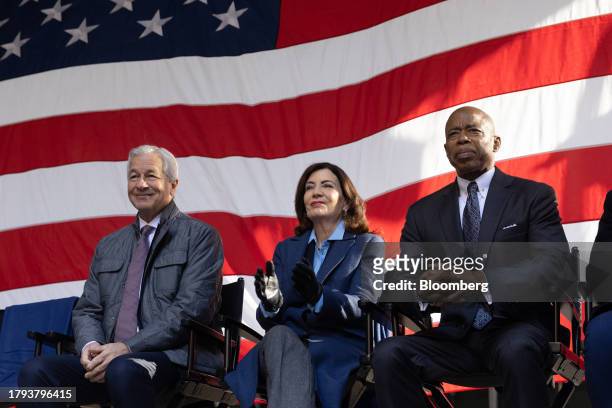 Jamie Dimon, chief executive officer of JPMorgan Chase & Co., from left, Kathy Hochul, governor of New York, and Eric Adams, mayor of New York,...