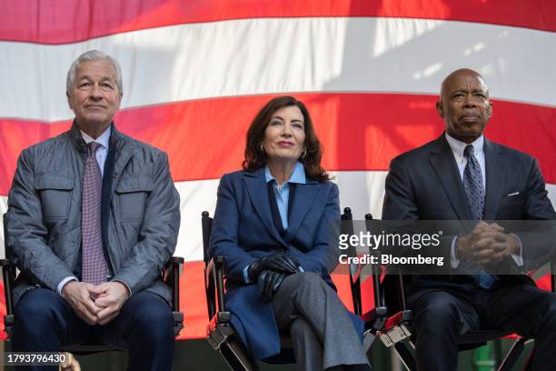 Jamie Dimon, chief executive officer of JPMorgan Chase & Co., from left, Kathy Hochul, governor of New York, and Eric Adams, mayor of New York,...