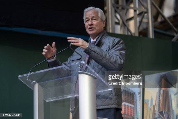 Jamie Dimon, chief executive officer of JPMorgan Chase & Co., speaks during an event at 270 Park Avenue, JPMorgan Chase's new global headquarters...