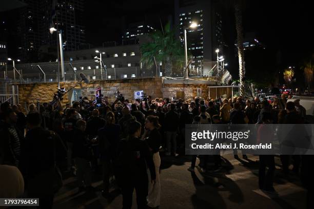 Families of the hostages wait to enter a meeting with Prime Minster Benjamin Netanyahu and the war cabinet at the Kirya on November 20, 2023 in Tel...